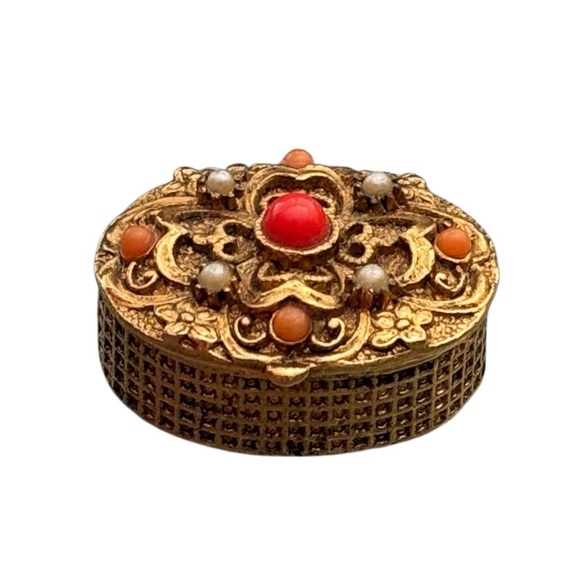 Vintage Orange Bead and Faux Pearl Studded Micro Pill Box Italian Inspired - Picture 2 of 7